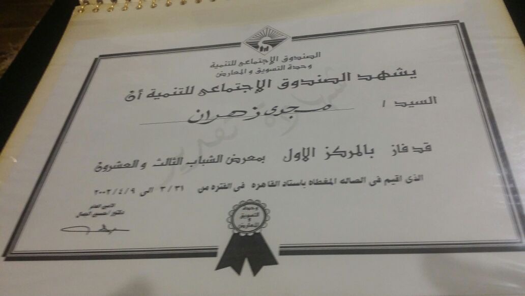 First place at the 23rd Youth Exhibition — Social Fund for Development, Cairo 2002